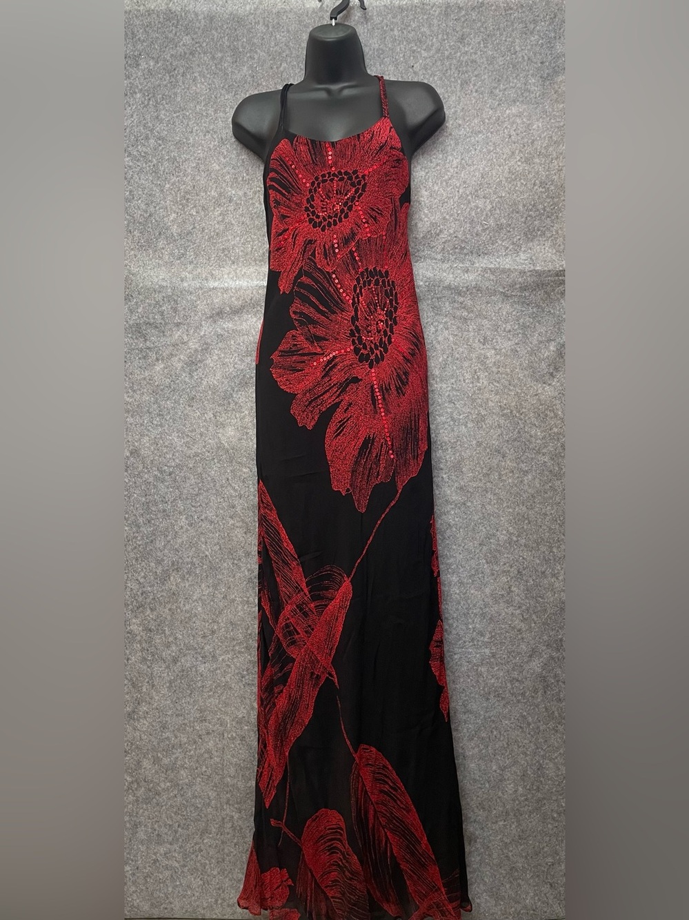 Raiment Fashions Black Red Floral Wedding Guest Sequin Maxi Party Dress Sz M NWT